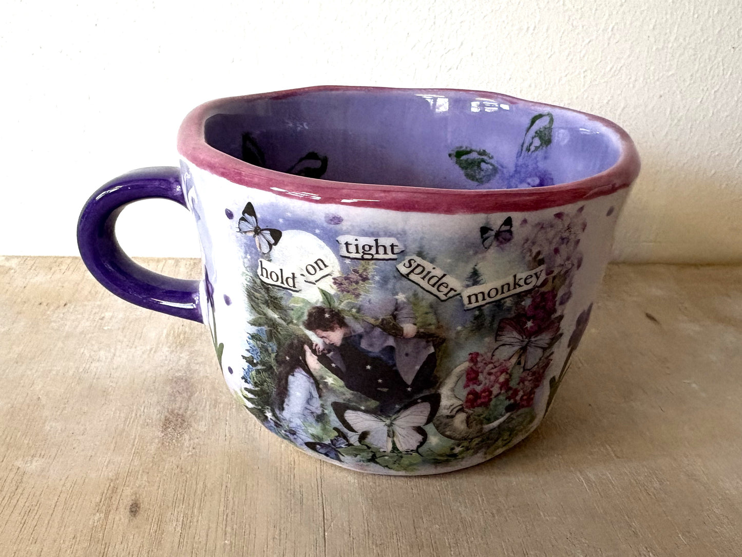 Millie's Pottery Twilight 'Hold on tight spider monkey' Purple Mug