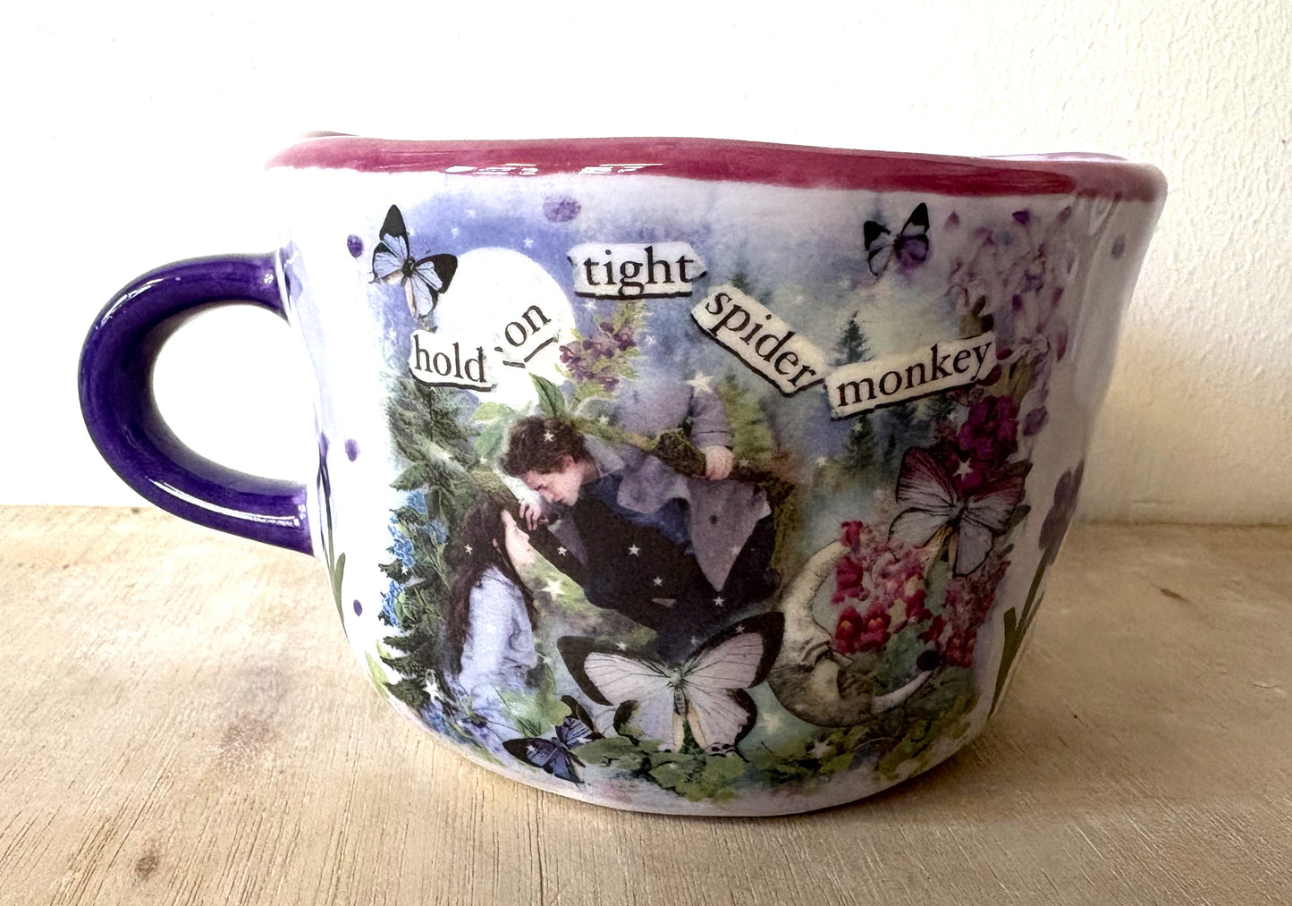 Millie's Pottery Twilight 'Hold on tight spider monkey' Purple Mug