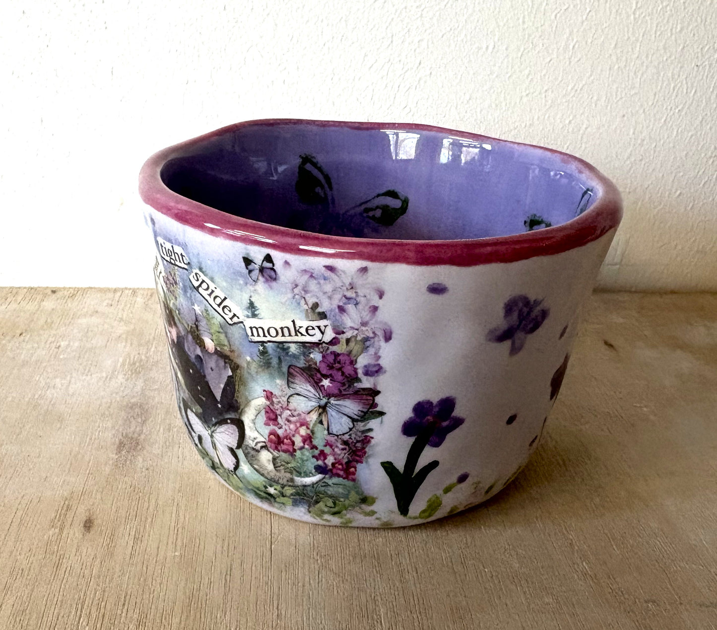 Millie's Pottery Twilight 'Hold on tight spider monkey' Purple Mug