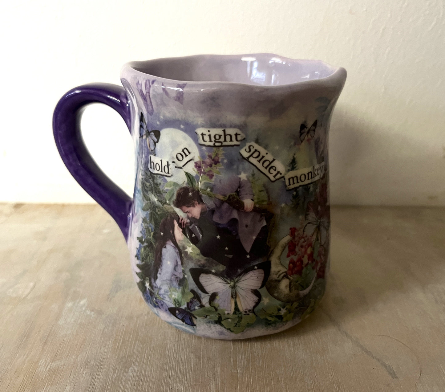 Millie's Pottery Twilight Large Tulip Shape Purple 'Hold on Tight Spider Monkey' Mug