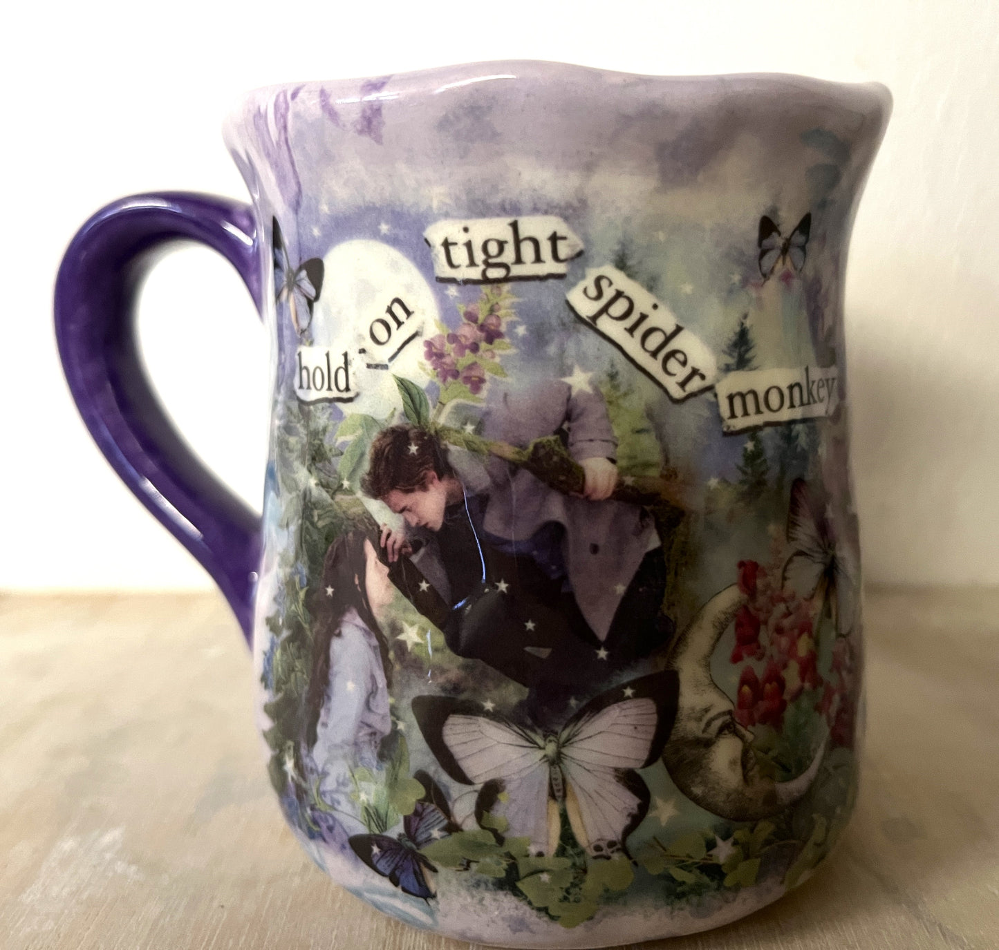 Millie's Pottery Twilight Large Tulip Shape Purple 'Hold on Tight Spider Monkey' Mug