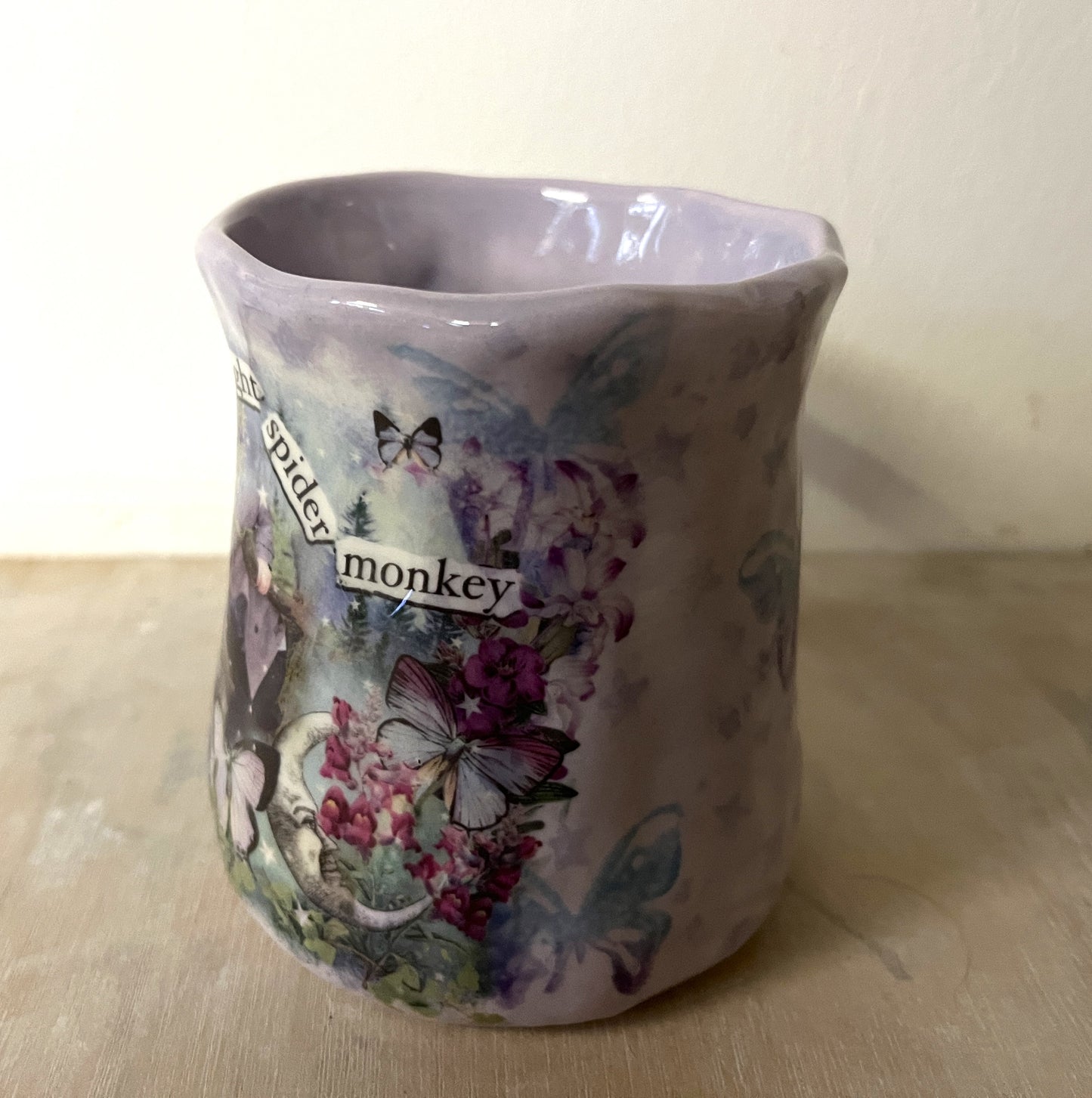 Millie's Pottery Twilight Large Tulip Shape Purple 'Hold on Tight Spider Monkey' Mug