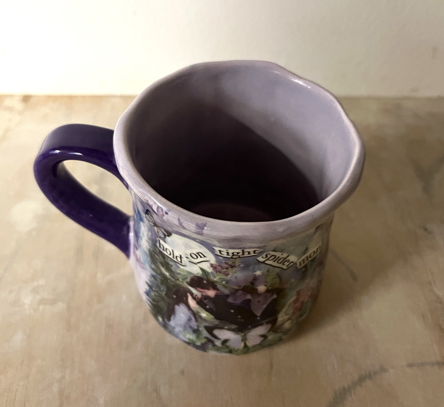 Millie's Pottery Twilight Large Tulip Shape Purple 'Hold on Tight Spider Monkey' Mug