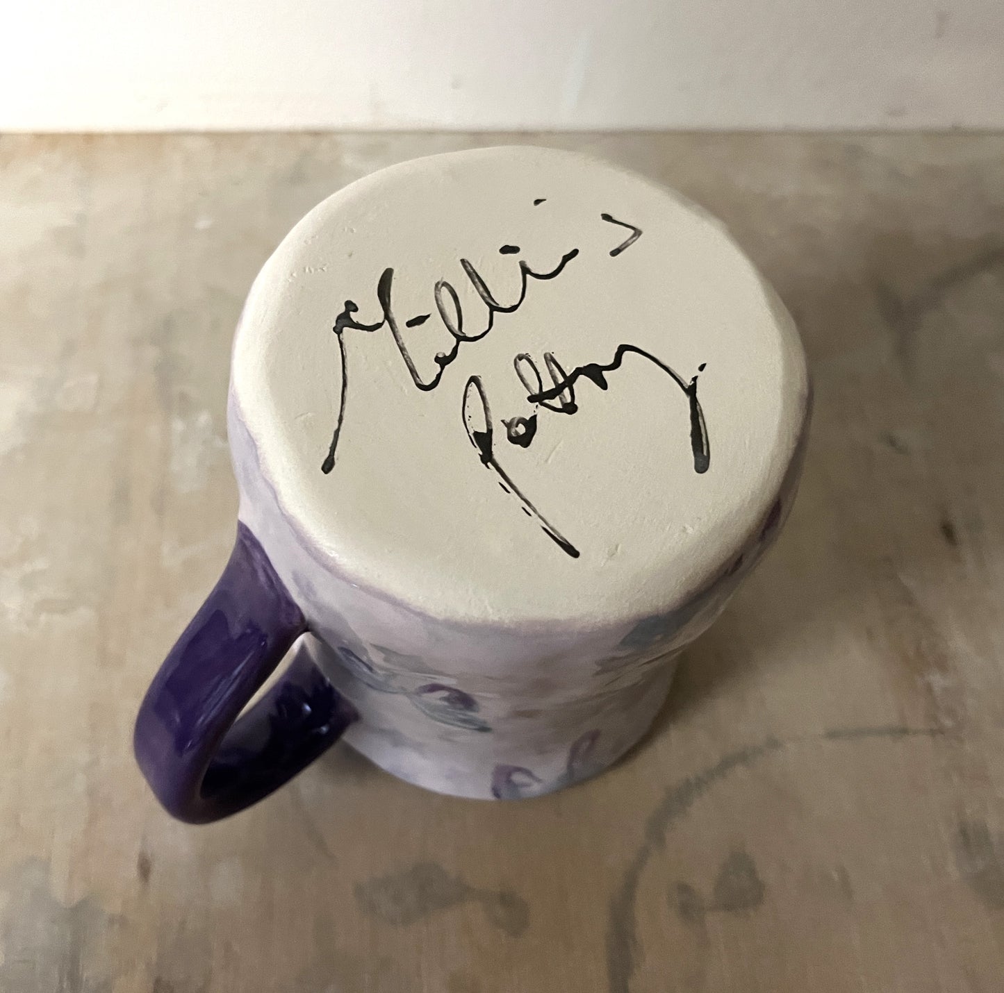 Millie's Pottery Twilight Large Tulip Shape Purple 'Hold on Tight Spider Monkey' Mug